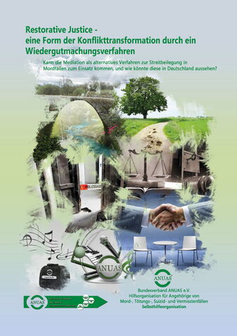 Cover der Publikation Restorative Justice, Bild zeigt eine Komposition von kleinen Bildern: Musiknoten, ein Tisch mit 2 Stühlen, Hände schütteln, eine alte Tür, eine Waage, ein Weg mit einem großen Baum, ein Bach der von einer Brücke überspannt wird