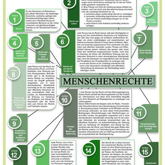 Grafik zeigt einen Baum beschriftet mit den 15 Artikeln der Menschenrechte in der Europäischen Menschenrechtskonvention