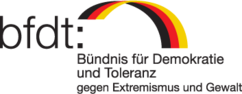 Logo und Link zur Website bfdt: Bündnis für Demokratie und Toleranz gegen Extremismus und Gewalt