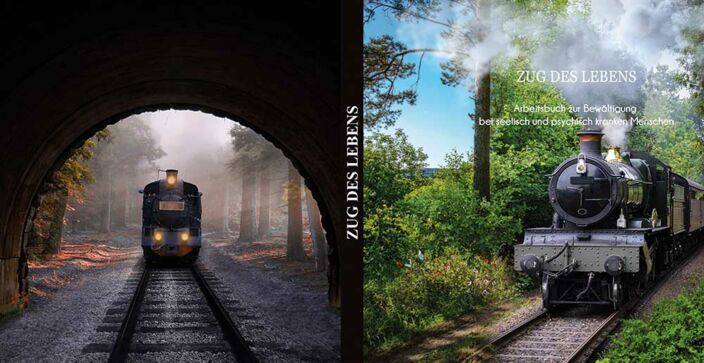 Cover des Buches zeigt eine Komposition - linke Seite: eine Lokomotive fährt in einen Tunnel, rechte Seite: eine Lokomotive fährt durch einen Laubwald