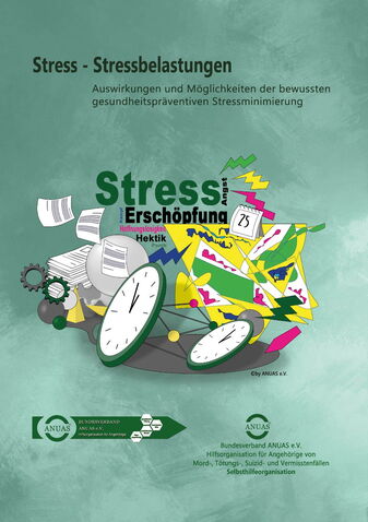 Grafik zeigt zwei Uhren, fliegende Zettel, Zahnräder, Kalender, Blitze und die Worte: Stress, Erschöpfung, Hektik, Angst