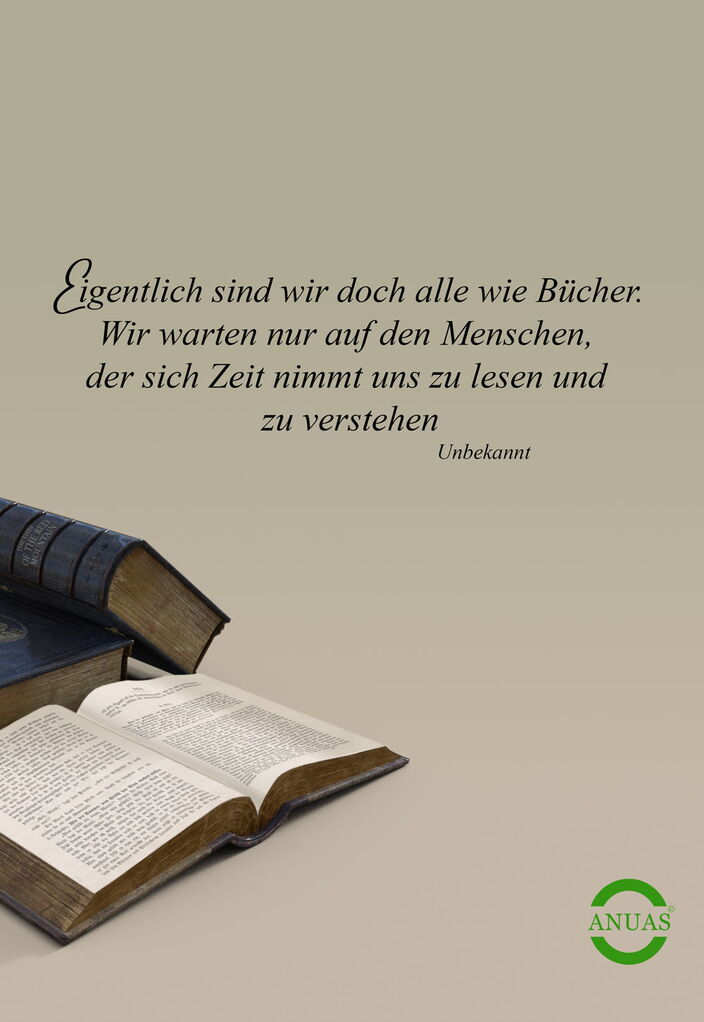Sinnspruchkarte mit Spruch und aufgeschlagenem Buch