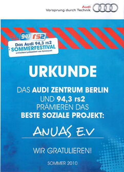 Bild zeigt die Urkunde Bestes soziales Projekt 2010