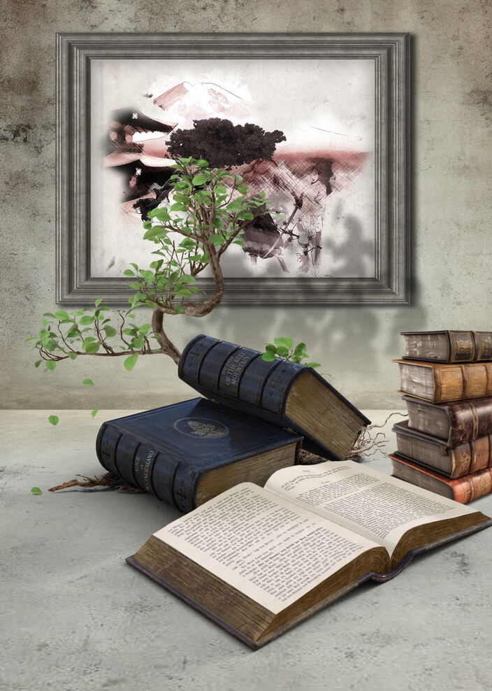 Auf einem Tisch liegt ein Stapel Bücher und ein aufgeschlagenes Buch