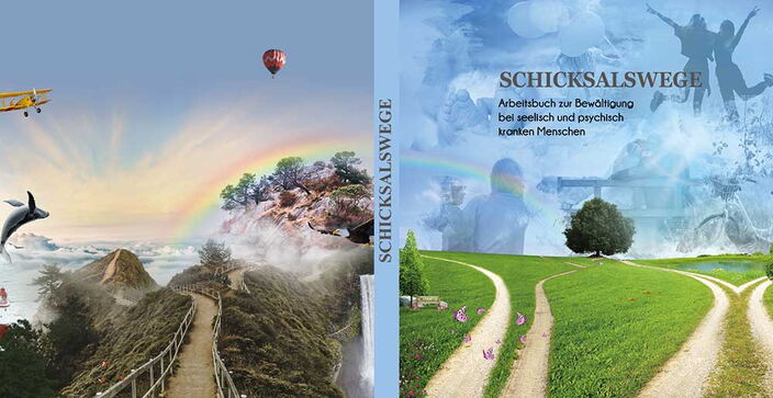 Bild zeigt eine Komposition: linke Seite: ein Weg durch Hügel mit Bergen, einem Regenbogen, einem Flugzeug, einem Heißluftballon und einem Delphin, rechte Seite: eine Wiese mit zwei Wegen, in der Mitte ein belaubter Baum