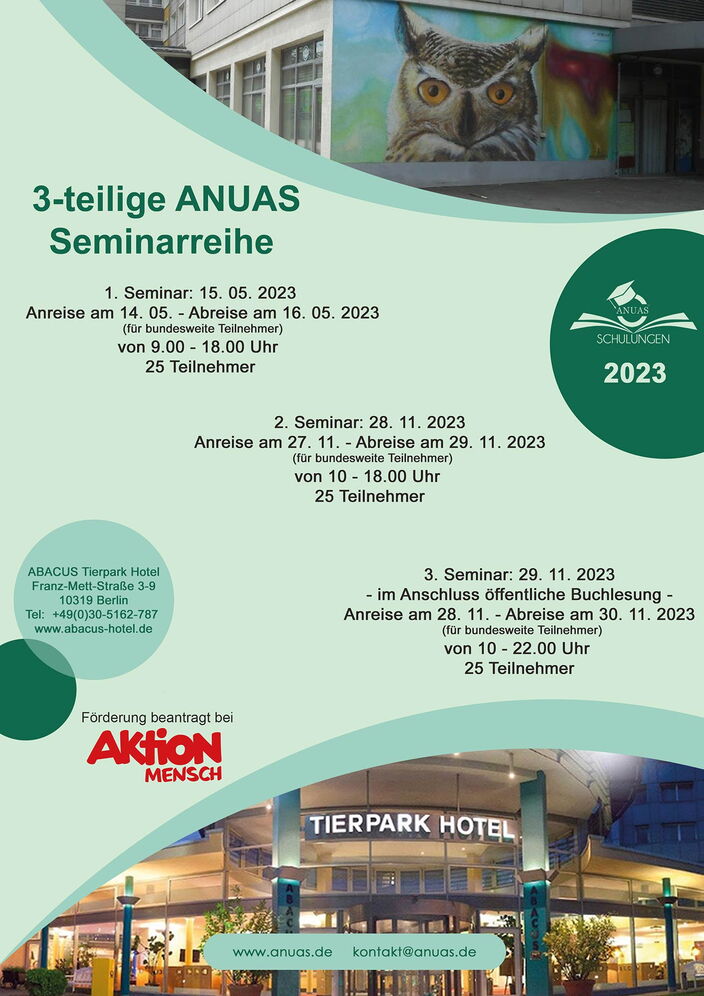 Plakat zur Ankündigung 3-teilige ANUAS Seminarreihe am 15.05.2023/16.05.2023, am 28.11.2023 und am 29.11.2023