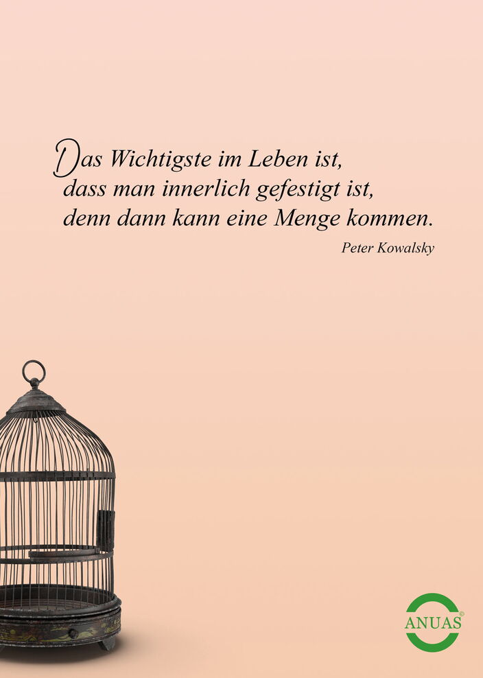 Sinnspruchkarte mit Spruch und leerem Vogelkäfig