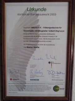 Bild zeigt die Urkunde "startsocial-Bundesauswahl 2009"