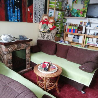 Zwei Sofas stehen gegenüber, dazwischen ein kleiner Tisch